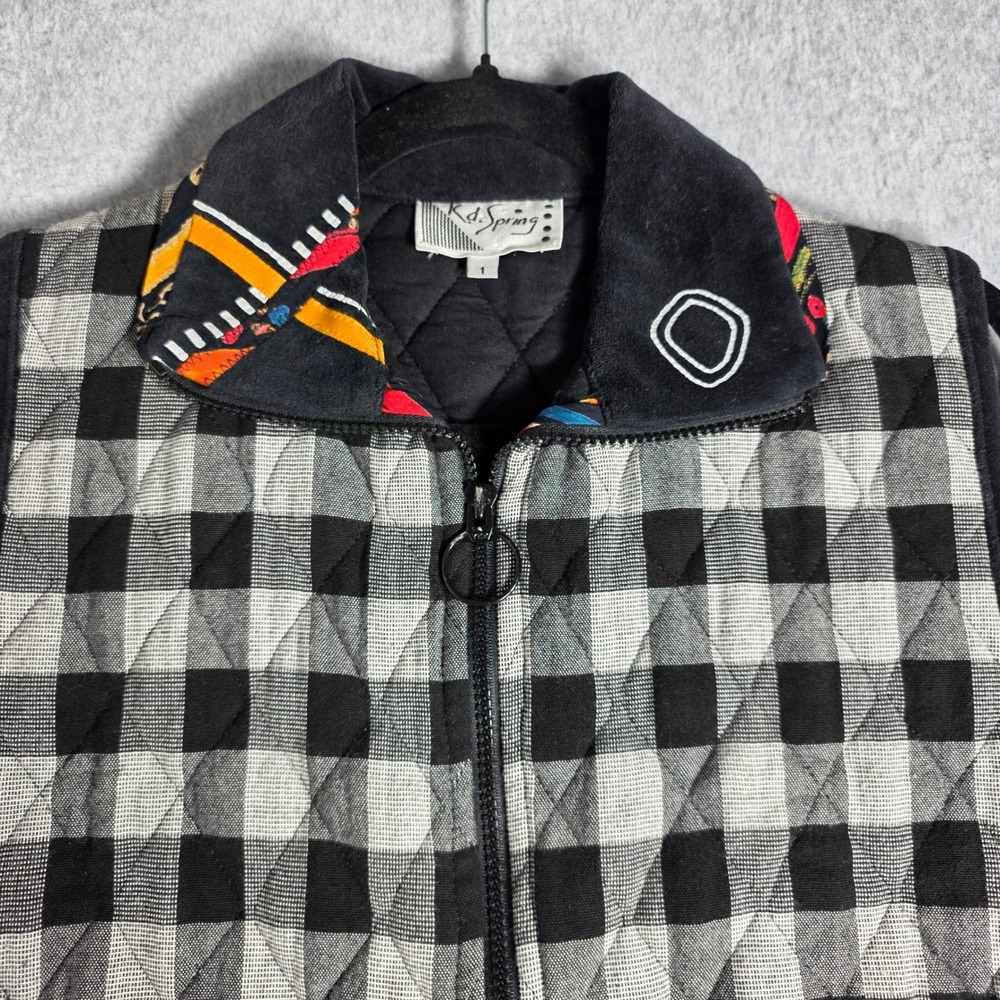 K.D. Spring Quilted Vest Tagged Size 1 Black White Buffalo Check Full Zip Trim